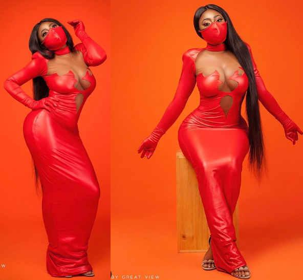 SMASH Or PASS? Nollywood Actress Stuns In Cleavage-baring Latex Dress With Matching Nose Masks (Photos)